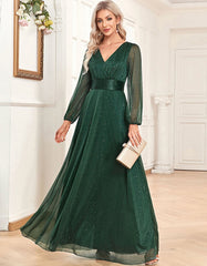 Solid-color High Waist Long Sleeve Chiffon Long Evening A-Line Dresses
