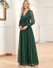 Solid-color High Waist Long Sleeve Chiffon Long Evening A-Line Dresses