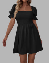 Plain Square Neck Ruffle Short Sleeve Pleated A Line Dresses