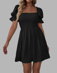 Plain Square Neck Ruffle Short Sleeve Pleated A Line Dresses