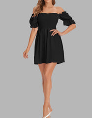 Plain Square Neck Ruffle Short Sleeve Pleated A Line Dresses