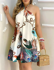 Printed Halter Tie-back Loose Short A Line Dresses
