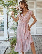 V Neck Disty Floral Print Short Sleeve Midi A Line Dresses