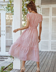 V Neck Disty Floral Print Short Sleeve Midi A Line Dresses