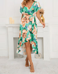 V-Neck Flutter Sleeve Floral Print Midi A Line Dresses
