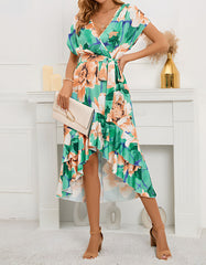 V-Neck Flutter Sleeve Floral Print Midi A Line Dresses