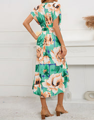 V-Neck Flutter Sleeve Floral Print Midi A Line Dresses