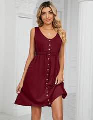 Plain Sleeveless Button Pocket Round Neck Split Midi A-Line Dresses