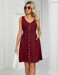 Plain Sleeveless Button Pocket Round Neck Split Midi A-Line Dresses