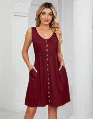 Plain Sleeveless Button Pocket Round Neck Split Midi A-Line Dresses