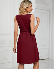 Plain Sleeveless Button Pocket Round Neck Split Midi A-Line Dresses