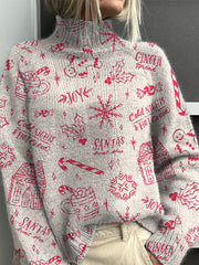 Simple Christmas Pattern Printed Knit Turtleneck Pullover Sweater