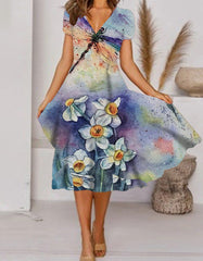 Painted Print V-Neck Short Sleeve Midi A Line Dresses