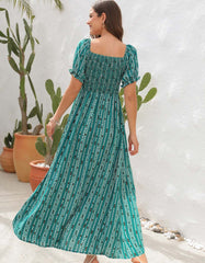 Vertical Stripe Print Slits Square Neck Short Sleeve A Line Dresses