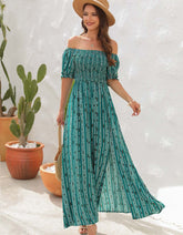 Vertical Stripe Print Slits Square Neck Short Sleeve A Line Dresses