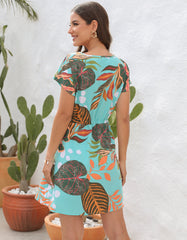 Floral Print V-Neck Short Sleeve Belted A Line Dresses