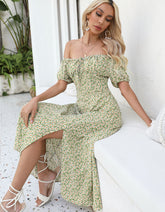 Disty Floral U Neck Slits Short Sleeve Midi A-line Dresses