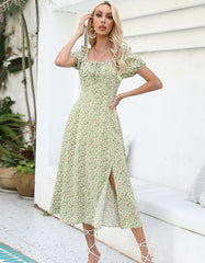 Disty Floral U Neck Slits Short Sleeve Midi A-line Dresses