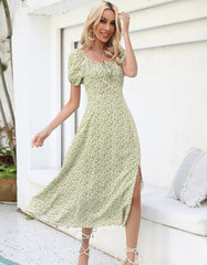 Disty Floral U Neck Slits Short Sleeve Midi A-line Dresses