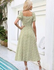 Disty Floral U Neck Slits Short Sleeve Midi A-line Dresses