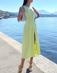 Round Neck Solid-color Sleeveless High Slit Midi Knit A-Line Dresses