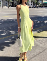 Round Neck Solid-color Sleeveless High Slit Midi Knit A-Line Dresses