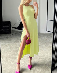 Round Neck Solid-color Sleeveless High Slit Midi Knit A-Line Dresses