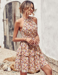 Disty Floral Printed Halter Backless Sleeveless Short A-Line Dresses