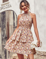 Disty Floral Printed Halter Backless Sleeveless Short A-Line Dresses