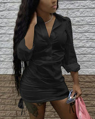 Solid Ruched Drawstring Button Front Mini Shirt Dress