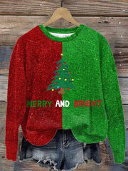 Merry And Bright Christmas Tree Print Long Sleeve Sweatshirt