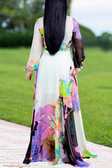 Chiffon Allover Print Belted Gathered Sleeve Dress