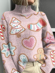 Pink Christmas Christmas Tree Pattern Art Print Knit Turtleneck Pullover Sweater