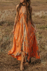 Allover Print Backless Halter Maxi Dress