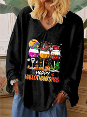 Happy Hallothanksmas Wine Print V-Neck Long Sleeve T-Shirt