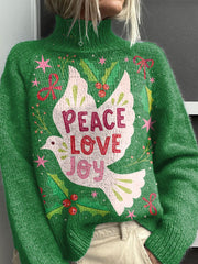 Peace and Joy Dove with Holly Christmas Art Print Knit Turtleneck Pullover Sweater