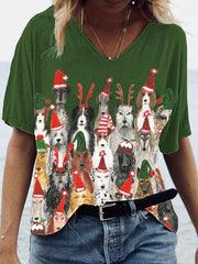 Christmas Dog Print V-Neck T-Shirt