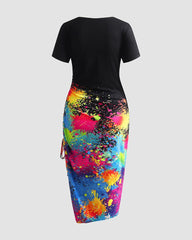 Solid Ruched Drawstring Split Thigh Knee Length Dress