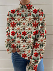 Lovely Christmas Floral Art Print Knit Turtleneck Pullover Sweater