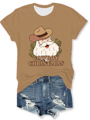 Western Christmas Cowboy Santa Print T-Shirt