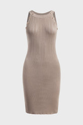 Rib-Knit Button Decor Sleeveless Bodycon Dress
