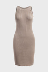 Rib-Knit Button Decor Sleeveless Bodycon Dress