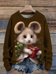 Oil Painting Mouse And Christmas Present Art Printed Knit Pullover Sweater