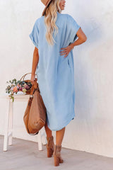 Button Down Split Hem Patch Pocket Denim Dress