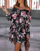 Printed Off The Shoulder Asymmetrical Lantern Sleeve Short Dresses