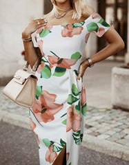 Floral Print Slits Off Shoulder Party Bodycon Dresses