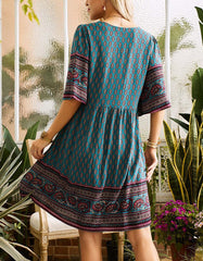 Ethnic Print V-Neck Short Sleeve Midi A Line Dresses