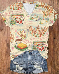 Retro Christmas Print Loose V-neck T-shirt