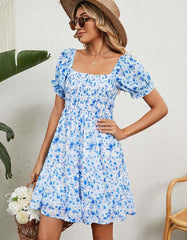 Square Neck Floral Print Chiffon Short Sleeve Loose Dresses