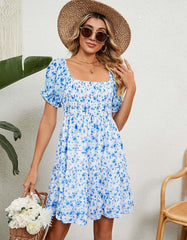 Square Neck Floral Print Chiffon Short Sleeve Loose Dresses